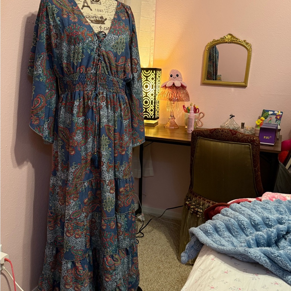 Boho Paisley Maxi Dress in Teal Blue